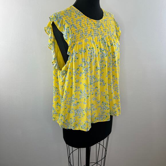 Draper James RSVP Yellow / Blue XL Top Floral Crew Neck Smocked Flutter Sleeve - Picture 4 of 9